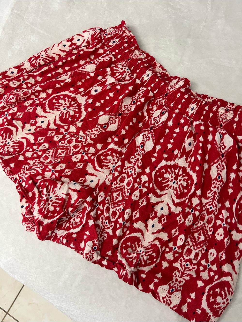 Red and White Patterned Elastic Waist Shorts